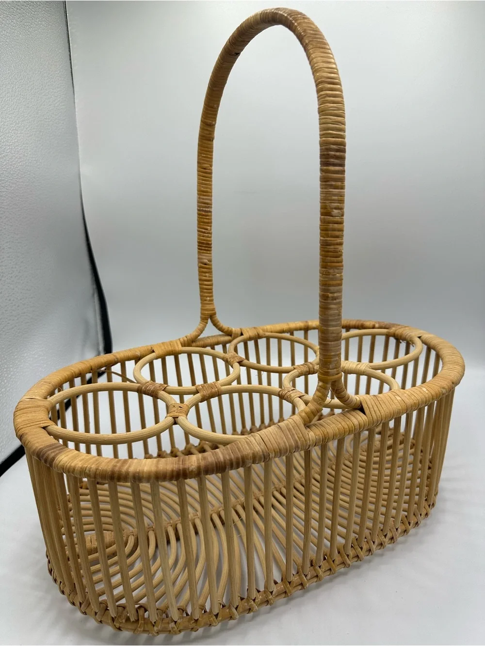 Vintage Woven Wicker Wine Bottle Basket 6 Bottle Holder Handle Carrier Boho